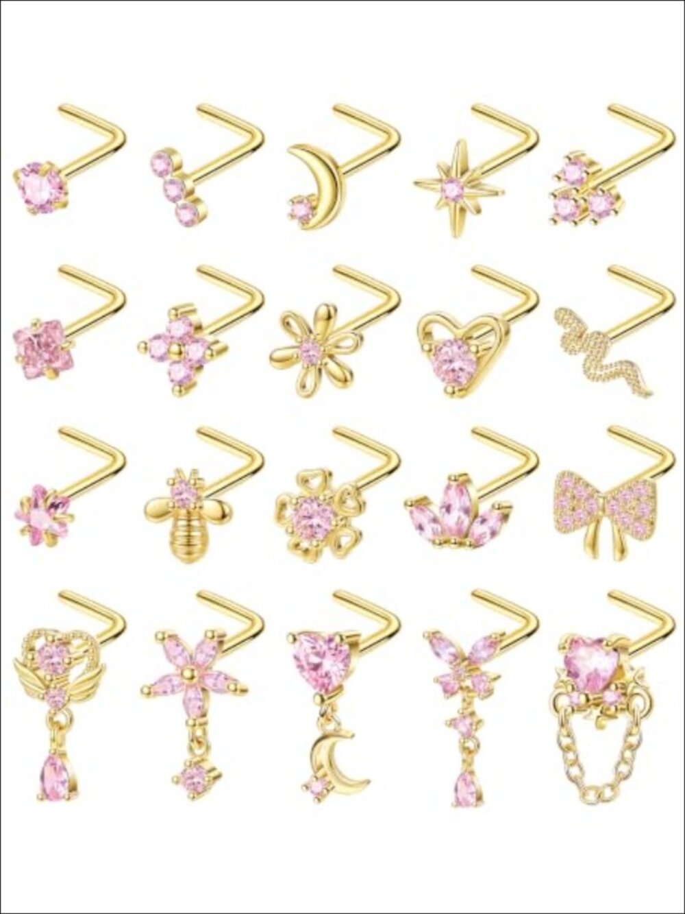 20Pc L Shaped Nose Studs Dangle Stainless Steel Cubic Zirconia Piercing